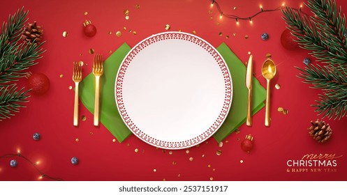 Christmas plate setting with golden cutlery on red background. New Year Festive design with holiday xmas decorative. Table place setting template with realistic 3d objects. Vector illustration