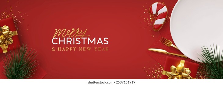 Christmas plate setting with golden cutlery on red background. New Year Festive design with holiday xmas decorative. Table place setting background with realistic 3d objects. Vector illustration