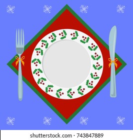 Christmas plate,A plate with a fork and knife,Christmas tablecloth,snowflakes