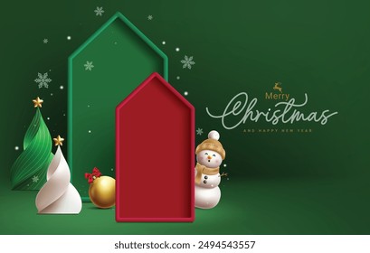 Christmas platform vector design. Merry christmas greeting text with stage, snowman, xmas ball and twisted pine tree elements in green snowflakes background for product presentation. Vector 