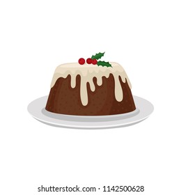 Christmas plum pudding decorated with red cranberry. Traditional dessert of English cuisine. Sweet food. Flat vector for menu or recipe book