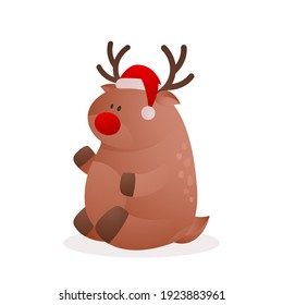 Christmas plump brown deer with horns, red nose and hat, cap, on white background. Happy New Year flat illustration for greeting card, banner, decor, design, party. 