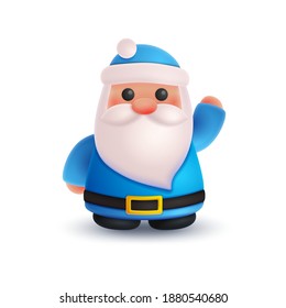 Christmas plump Santa Сlaus with white beard, mustache, red nose and blue hat, cap, look like 3d rendering. Happy New Year illustration for postcard, banner, decor, design, arts on white  background.