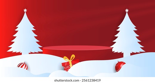 christmas Podium background for showcase product display, christmas day or new years on red and green background with shadow.