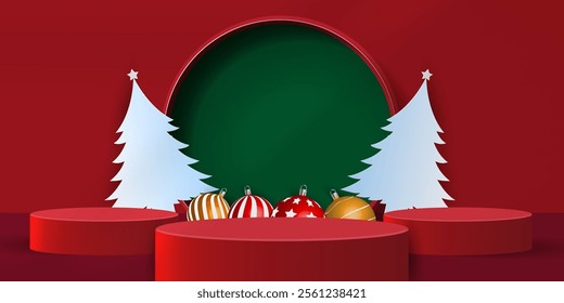 christmas Podium background for showcase product display, christmas day or new years on red and green background with shadow.