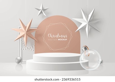 Christmas podium mockup with decorations. Creative Christmas background for product display. Realistic 3d style. Ideal for packaging presentation, marketing, ad. Vector illustration.