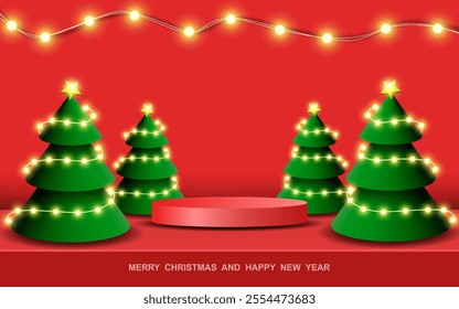 Christmas podium. Red Podium for product display presentation with Christmas tree. Podium platform for displaying products on a red background.