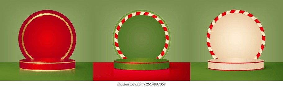 Christmas podium set for display product presentation. Xmas holiday vector pedestal stage. New Year round cylinder stand