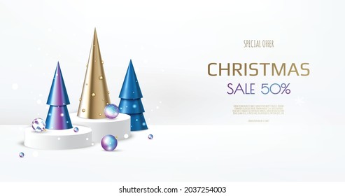 Christmas podium with snowflakes and christmas trees,xmas balls. Blank pedestal. Vector illustration.