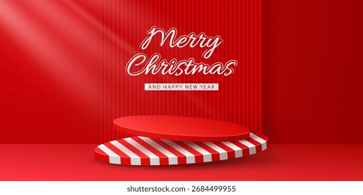 Navidades podio etapa. Plataformas redondas de Vector 3D con una base inferior decorada con bastón de caramelo blanco y rojo como rayas diagonales sobre fondo rojo para presentaciones festivas y eventos vacacionales