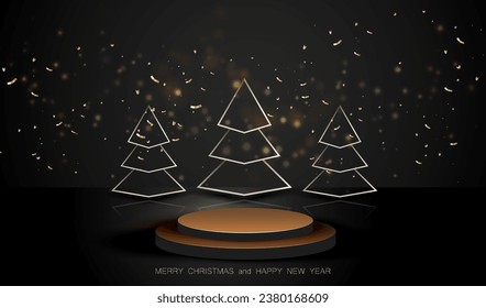 Podio de Navidad con árboles y fondo de confeti. Diseño de invierno de vacaciones con lugar para mostrar la venta o el producto de regalo. Tarjeta vector Feliz Año Nuevo.