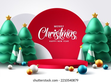 Christmas podium vector background design. Merry christmas and happy new year text for xmas mock up and stage display decoration. Vector Illustration.