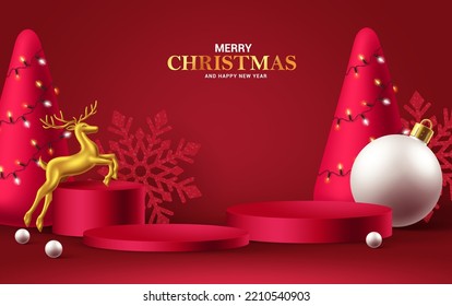 Diseño de fondo vectorial de podio de Navidad. Feliz navidad con texto de bienvenida con abeto y copos de nieve para la temporada de vacaciones en pantalla de fondo rojo. Ilustración vectorial.