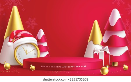 Weihnachtspodium Vektorbanner Design. Fröhlicher Chritsmas Grußtext mit Kiefern, Tannenbaum, Hut- und Uhrendekorationselementen auf Bühnenhintergrund. Produktpräsentation von Vektorgrafiken 