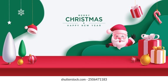 Christmas podium vector banner design. Merry christmas and happy new year greeting text in paper cut backdrop with santa claus character and gift boxes, pine tree and xmas balls decoration elements. 