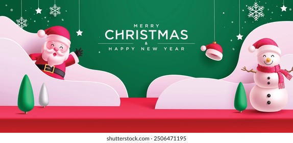 Christmas podium vector banner design. Merry christmas and happy new year greeting text with santa claus and snowman characters in paper cut backdrop and hanging snowflakes and stars decoration 