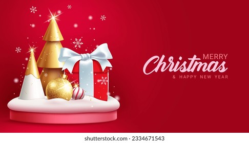Diseño vectorial de podio de Navidad. Feliz navidad y feliz texto de bienvenida de año nuevo con pino dorado, regalo y elementos de bola de navidad brillante. Ilustración vectorial elegante de la temporada navideña.