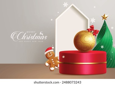 Christmas podium vector design. Merry christmas greeting text with podium stage, xmas ball, ginger bread and twisted pine tree elements in snow winter background for product advertisement. Vector 