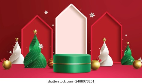 Christmas podium vector template design. Christmas empty stage for product advertisement display with pine trees, xmas balls and snow elements. Vector illustration promotional podium.
