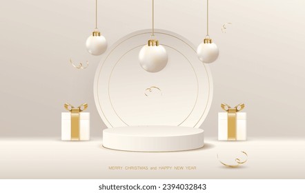 Vector de podio de Navidad. Estadio blanco 3d, cajas de regalo y bolas con elementos dorados. Textura de la tarjeta de invierno de Navidad. Lugar para mostrar el producto de venta. Feliz Año Nuevo.	