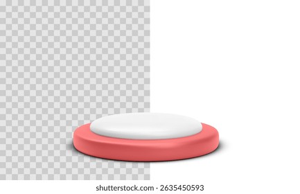 Christmas Podium With White Snow Pile On Top In Minimal 3D Style, Red And White Platform On Transparent And White Background. Perfect For Holiday Display Or Seasonal Product Mockup. Vector Illustratio