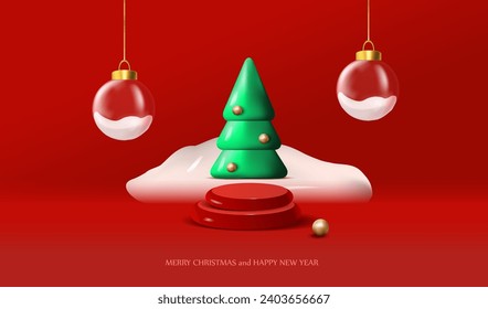 Christmas podiums design. Podium with green tree, and glow snow. Xmas red round stand with glass globe snow balls. Promotion sale product place.