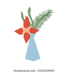 Christmas Poinsettia bouquet vector illustration. Red winter flower and spruce branch in blue vase isolated on white background. Simple festive seasonal floral drawing in modern flat geometric style