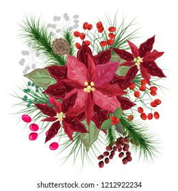 Christmas poinsettia in a bouquet. Vector bouquet of punsetia, mistletoe, berries, fir branches. All elements are isolated.