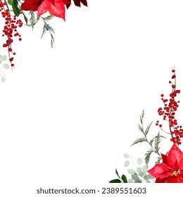 Poinsettia navideña, vegetación esmeralda, berry roja, cedro, salal, marco de diseño de vectores de cino de pino. Boda de invierno elegante o tarjeta de invitación de Año Nuevo. Estilo minimalista acuarela.Aislado y editable