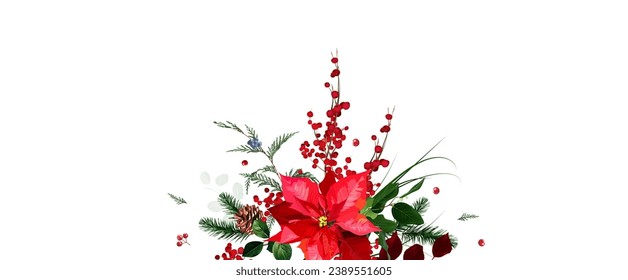 Christmas poinsettia, emerald greenery, red berry, cedar, salal, pine cone vector design frame. Winter chic wedding or new year party invitation card. Watercolor minimalist style.Isolated and editable