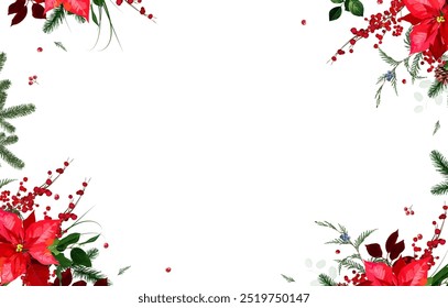 Christmas poinsettia, emerald greenery, red berry, cedar, salal, pine cone vector design frame. Winter chic wedding or new year party invitation card. Watercolor minimalist style.Isolated and editable