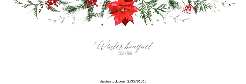 Christmas poinsettia, emerald greenery, red berry, cedar, spruce tree branch vector design frame. Winter celebration wedding or new year party invitation card. Watercolor style. Isolated and editable