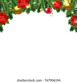 Christmas Poinsettia And Fir Tree With Gradient Mesh, Vector Illustration