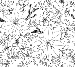 Christmas Poinsettia Floral Seamless Vector Pattern Line Art. Holly, Hellebores, Pine, And Berries Drawing And Ready To Color.