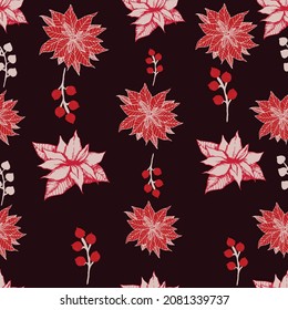 Christmas Poinsettia Flower And Cherry Seamless Pattern,   Red Poinsettia flower seamless Pattern, Background,Vector seamless pattern with winter plants - poinsettia, mistletoe, branches of rowan tree