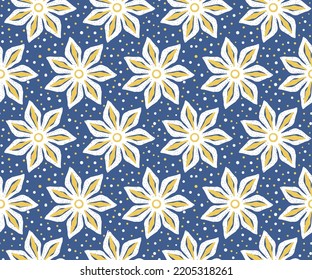 Christmas poinsettia flower on dotted blue background vector design,Seamless abstract white and gold pattern Vector illustration.
