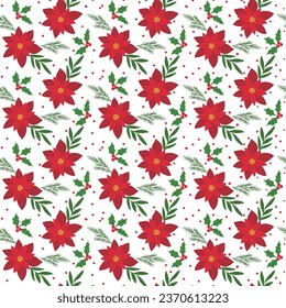 Christmas Poinsettia flower in red color seamless pattern surface design good for gift wrapper, textile products, wallpapers, beautiful holiday color for decor purpose,  fresh and bright design.
