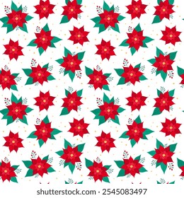 Christmas Poinsettia flower seamless pattern. Cute Xmas celebration symbol. Repeat vector illustration. Traditional background with simple holiday floral elements. Vibrant red petals and green leaves