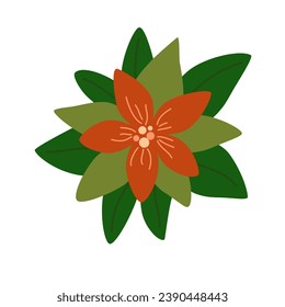 Christmas poinsettia flower. Winter seasonal foliage plant. Christmas holiday natural element. Flat vector illustration isolated on white background