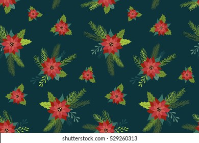 Christmas Poinsettia Flowers Design. Seamless Vector Pattern.