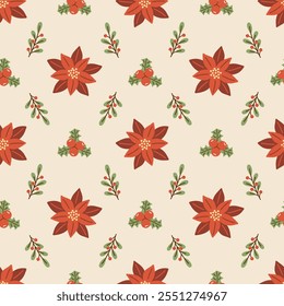 Christmas poinsettia flowers, holly berries, and winterberries vector seamless pattern design. For gift wrap, fabric design, scrapbook, wallpaper and more.