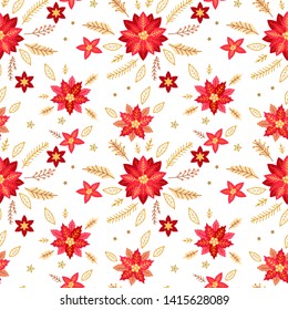 Christmas poinsettia flowers pattern. Seamless xmas background with winter plants. Holiday design for Christmas and New Year fashion prints