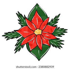 Christmas poinsettia flowerwith branch of fir tree in cartoon style
