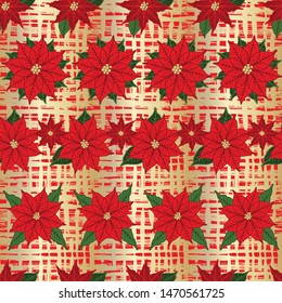 Christmas Poinsettia and gold texture seamless floral pattern background. Festive floral holiday season print design. Vector