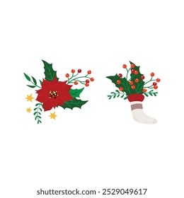 Christmas poinsettia and holly arrangement with a stocking filled with holly on a white background.