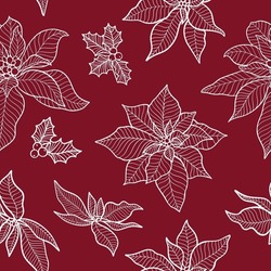 Christmas Poinsettia Holly Floral Line Art Seamless Vector Pattern
