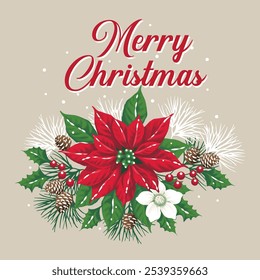 Christmas Poinsettia with Holy Leafs, Pine cone, and Magnolia Flower. Natural Background and Merry Christmas Text-Christmas Isolated Vector Illustration