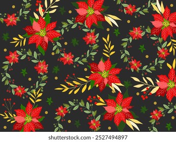 Christmas poinsettia seamless pattern on black background