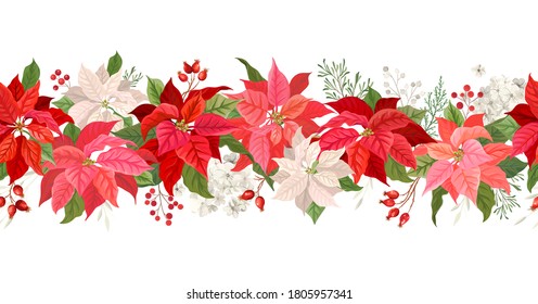 Christmas Poinsettia Vector Garland Border, Watercolor Floral Winter Season Frame, Holiday Seamless Background, With Rowan Berries, Pine Branch, Star Flowers, Xmas Decoration Banner