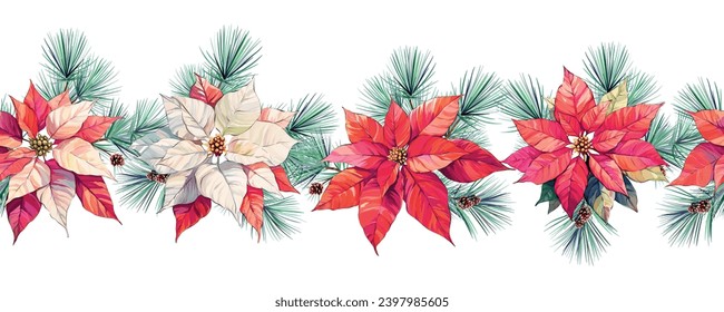 Christmas Poinsettia vector garland border, Watercolor floral winter season frame, holiday seamless background, with rowan berries, pine branch, star flowers, xmas decoration banner